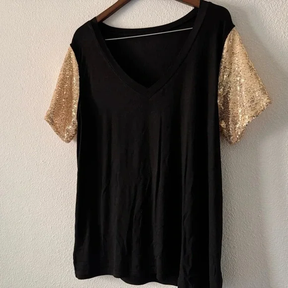 Sequin Short Sleeve Tee V Neck T Shirt Glitter Sparkles Loose Blouse Top 2XL - Picture 9 of 11